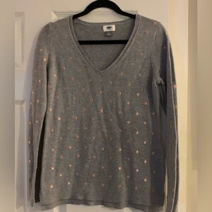 Old Navy Gray V-Neck Sweater with Metallic Pink Dots